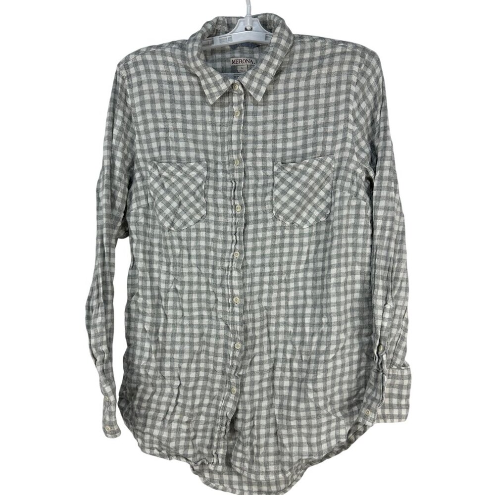 Merona Womens Gray Gingham Button Down Long Sleeve Shirt Large